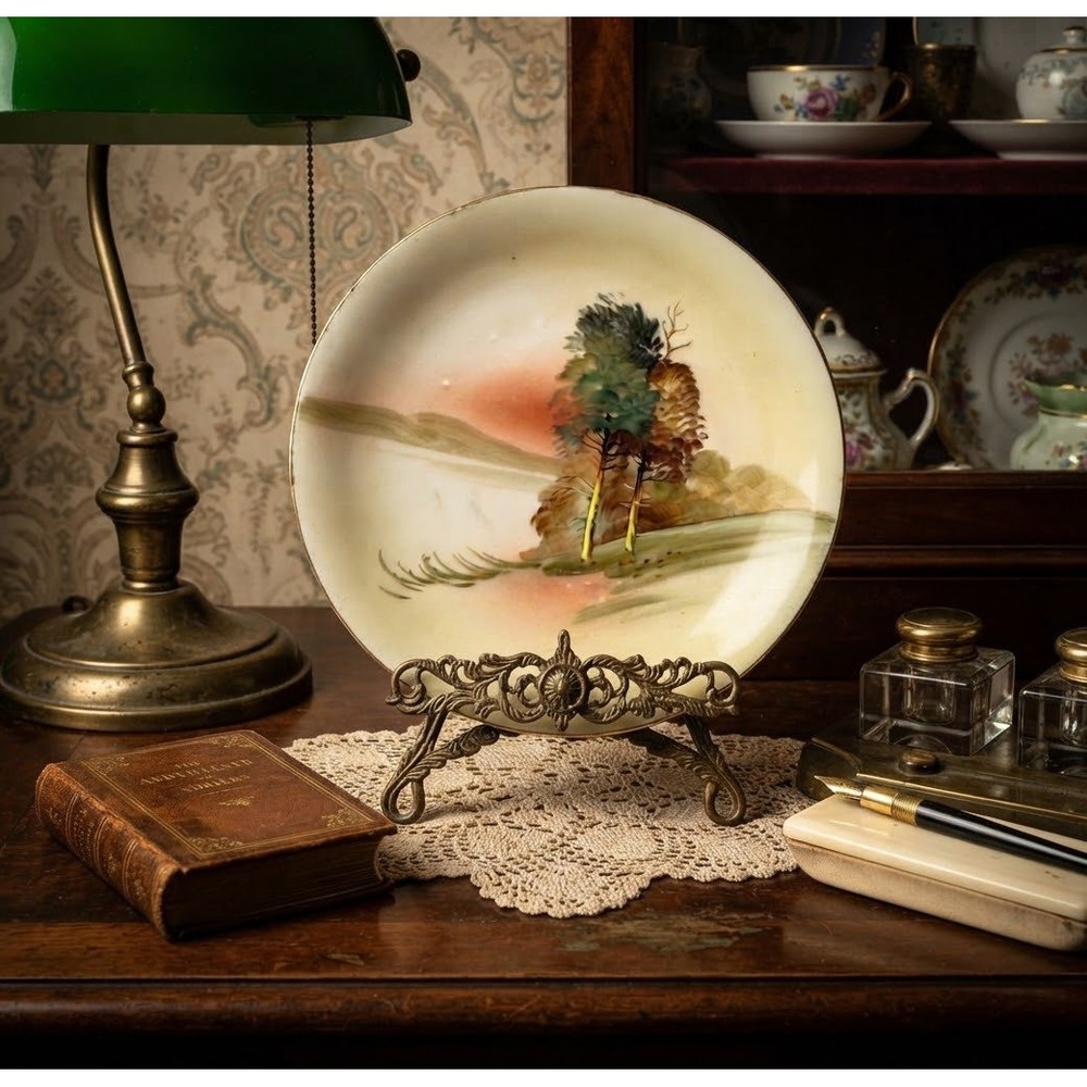 Antique Nippon Hand Painted Porcelain Landscape Plate 6" Gold Rim C. 1910